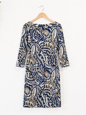 J McLaughlin Paisley Shift Dress XS Navy Tan Resort Travel Dress